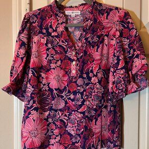 Women's Michelle McDowell Floral Blouse - Navy & Pink Puff Sleeve Top - Medium